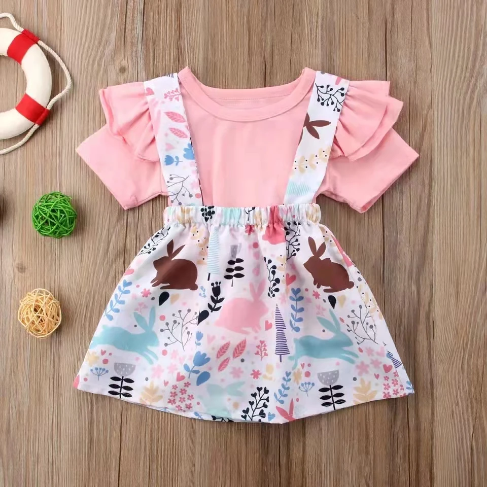 2Pieces Newborn Baby Girl Clothes Sets Pink Ruffle T-shirt Top+Rabbit Printed Strap Skirt Dress Outfit Baby Girl Casual Clothes