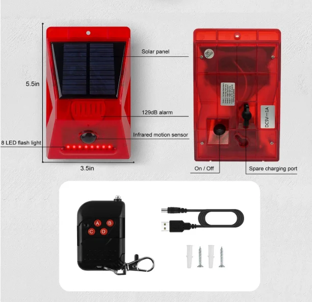 129db Loud Siren Sensitive Motion Detector Remote Controller IP65 Waterproof Solar Strobe alarm lamp for Home, Farm, Villa, Yard