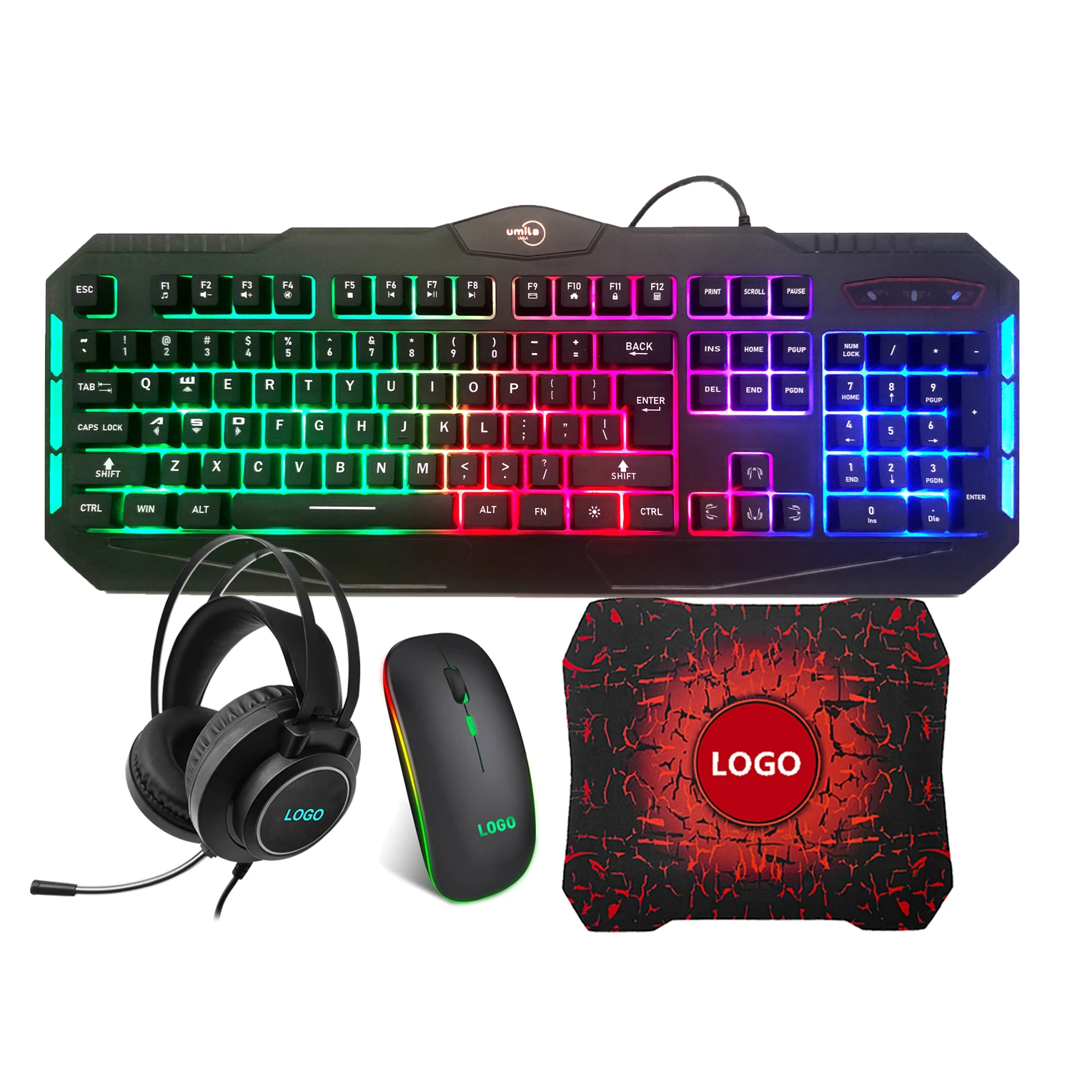 Best Selling104 клавишная ПК светодиодная подсветка RGB Led Rainbow Gamer 1 комплект наушников гарнитура комбо Проводная игровая мышь и