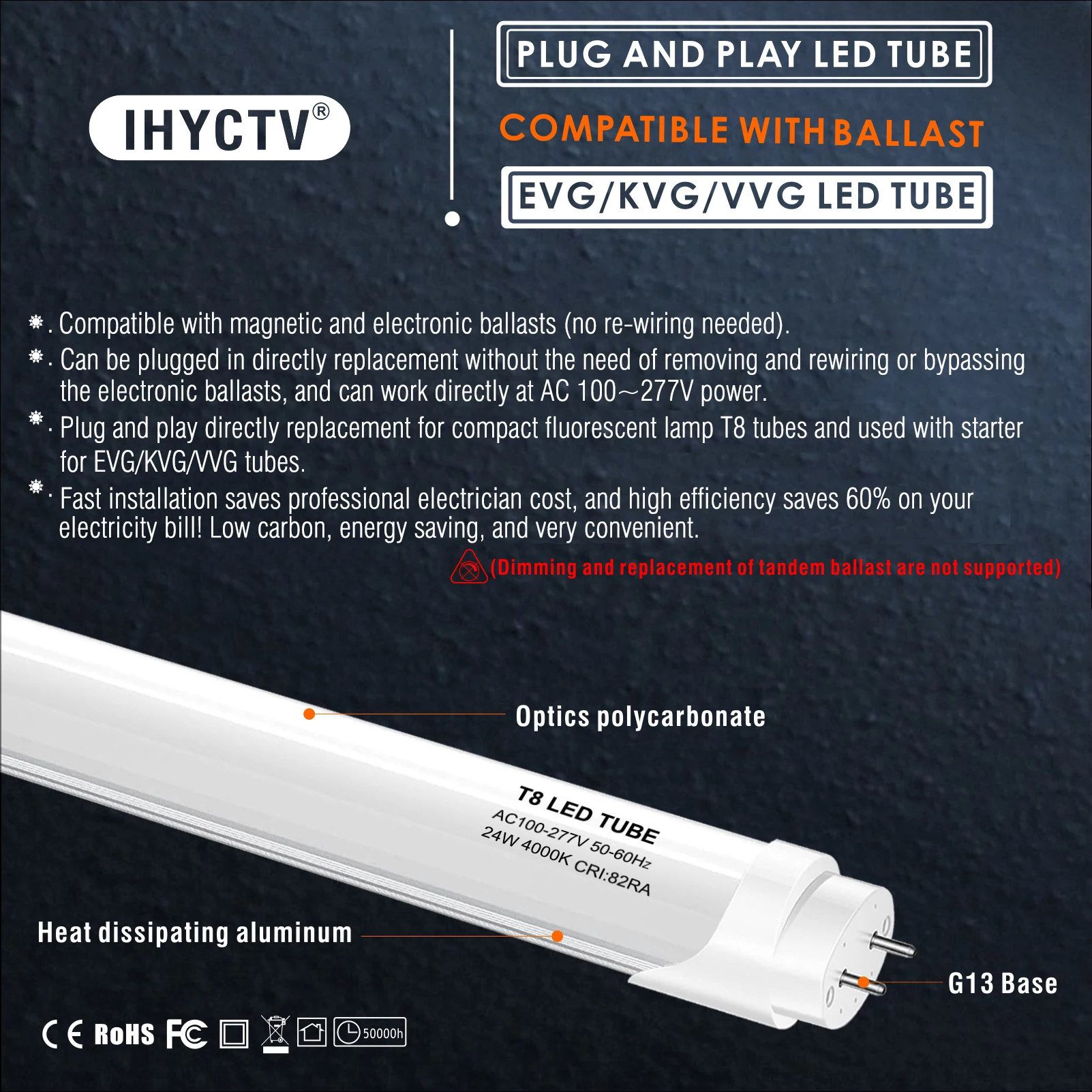 T8 G13 EVG KVG VVG  Compatible with ballasts LED Tube 24W 150cm 135lm/w  -CE/ROHS/FCC