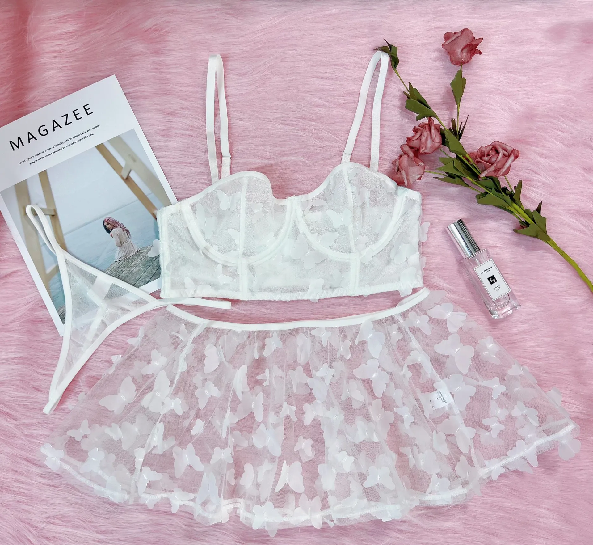 2023 New Product Women Butterfly Gauze Three-dimensional Gauze Skirt Lingerie Femme Sexy Three-piece Suit