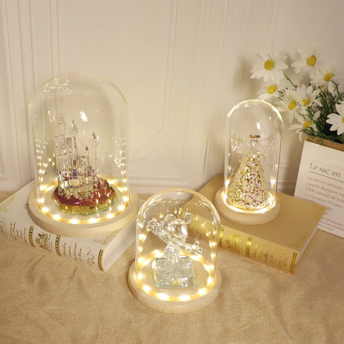 Оптовая продажа, декоративные овальные маленькие прозрачные пустые светодиодные лампы-колокол со стеклянным куполом, стеклянный купол с деревянной основой и светодиодными лампами