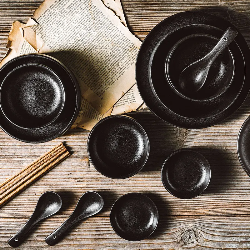 Black Nordic Ceramic Kitchen Dinner Dish Sets Plate Rice Salad Noodles Bowl Soup Plate Set Ceramic Dinnerware Dinner Sets