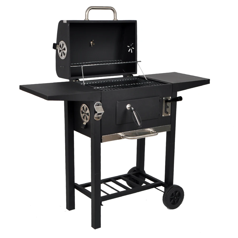 SEJR Charcoal BBQ Grill Trolley Food Smoker Barbeque Grill Outdoor with Double Side Table