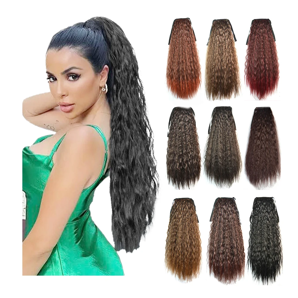 Wholesale 24 Inch Clip in Synthetic Pony Tail Hair Extensions Straps Tie up Corn Wave Curly Hair Ponytail Hairpiece