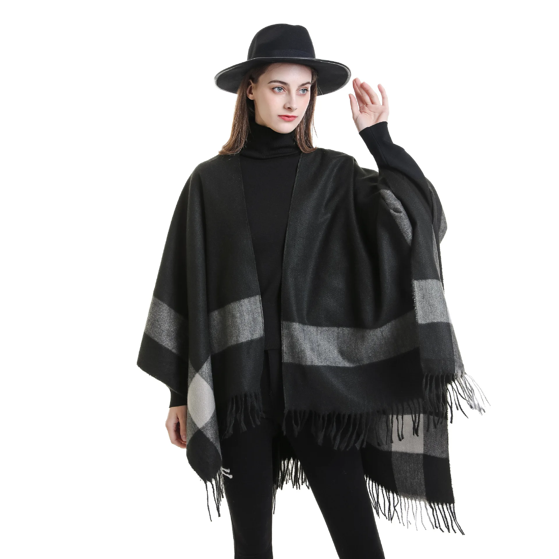 Hot Sell Winter Warm Blanket Shawls Wraps Fashion Plaid Pattern Front-Open Poncho Cape With Tassel For Ladies Thick Cloak Poncho