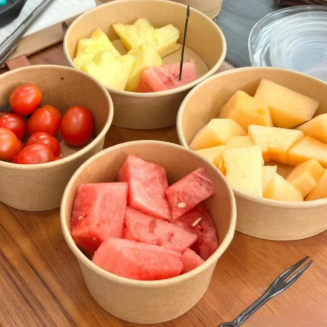 Printed paper lunch bowls disposable 1300ml soup bowls food kraft paper salad bowls with lid