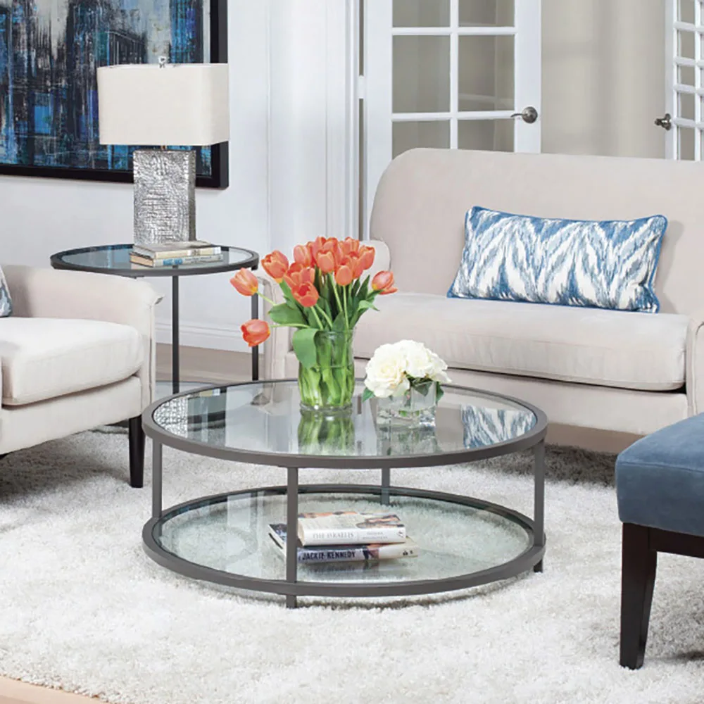 wholesale living room furniture detachable black iron frame round coffee table custom luxury clear round coffee table glass