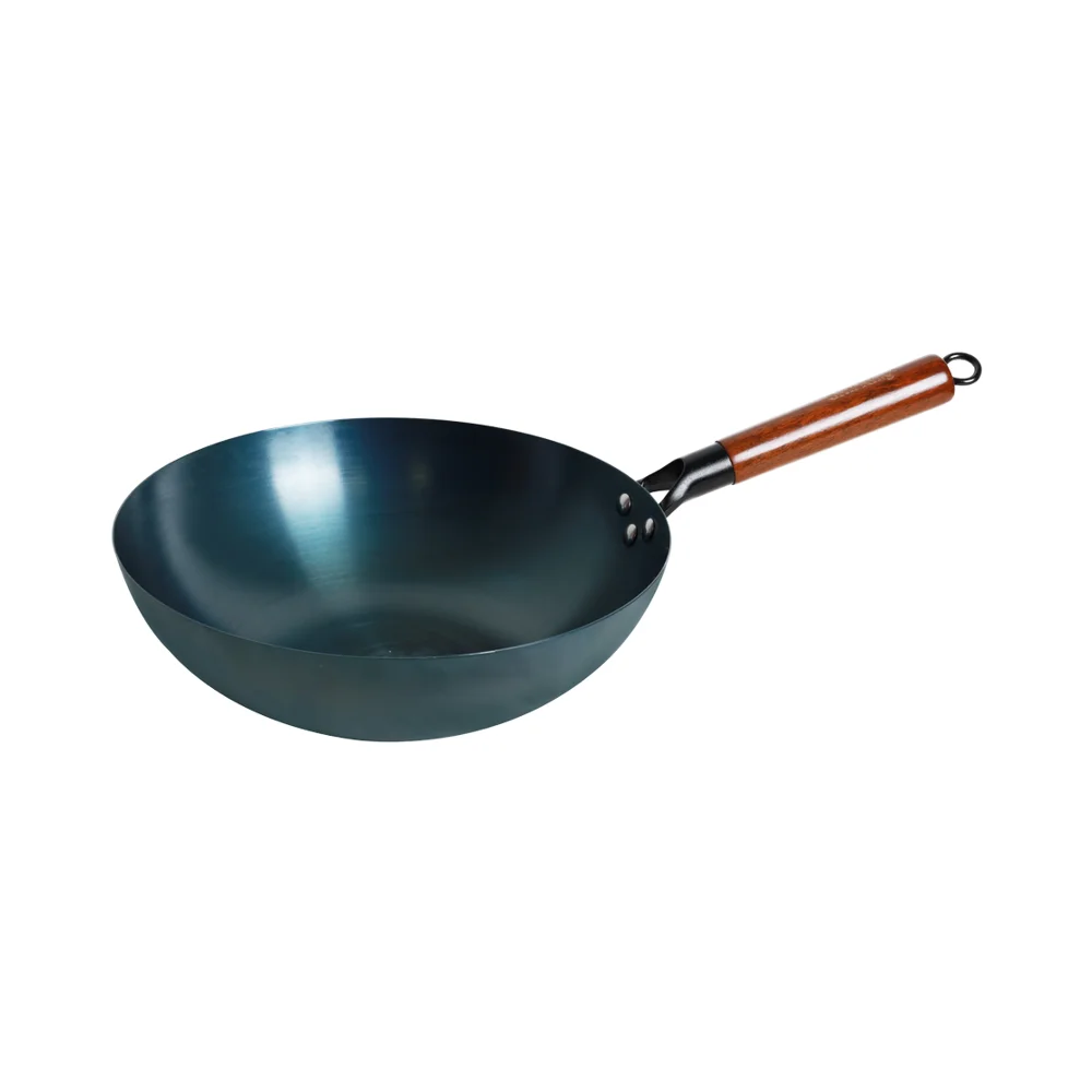 High Quality Carbon Steel Wok 32cm with Wood Handle 1.5mm Thick Factory Preseasoned Chinese Wok For Restaurant