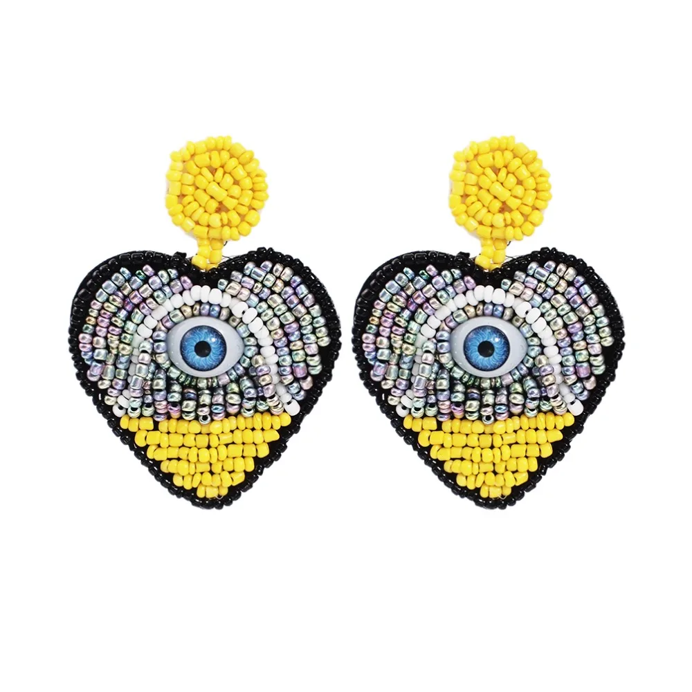 HANSIDON Trendy Statement Resin Heart Earrings Women Hot New Fashion Jewelry Devi Eye Design Drop Dangle Plastic Beaded