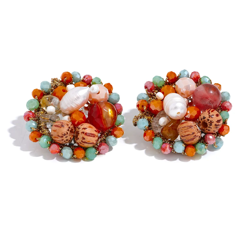 JINYOU 2482 Crystal Wood Agate Natural Pearl Vintage Handmade Stud Earrings Colorful Trendy Stainless Steel Fashion Jewelry Wome