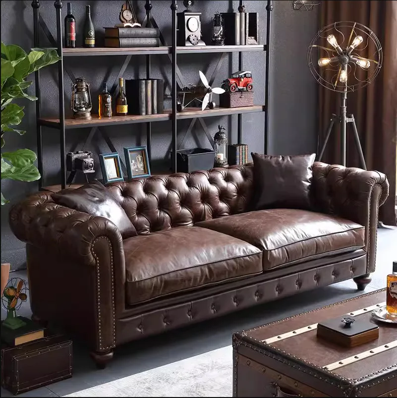 American retro chocolate brown high quality chesterfield leather modern sectional couch 3 seater living room sofa set furniture