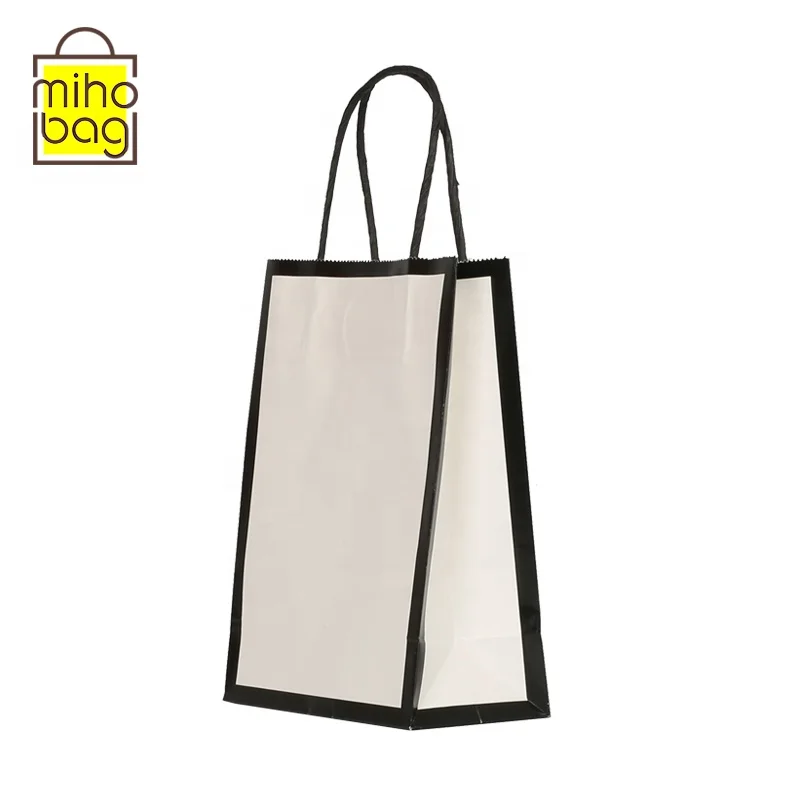 
good price white kraft paper with black frame design shopping paper bags with twist paper handles 