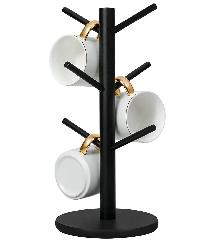 Healthy environmental sturdy and stable black Wooden coffee mug holder tree rack hang 6 cups