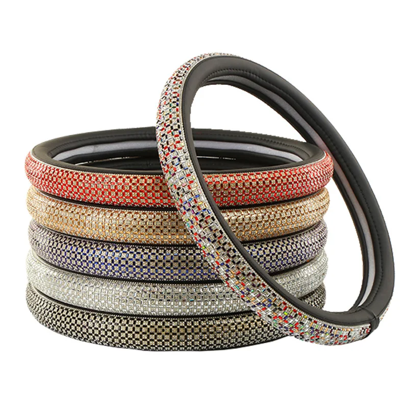 luxury glitter shining universal fit 15 inch leather diamond steering wheel cover diamond with rhinestones for car