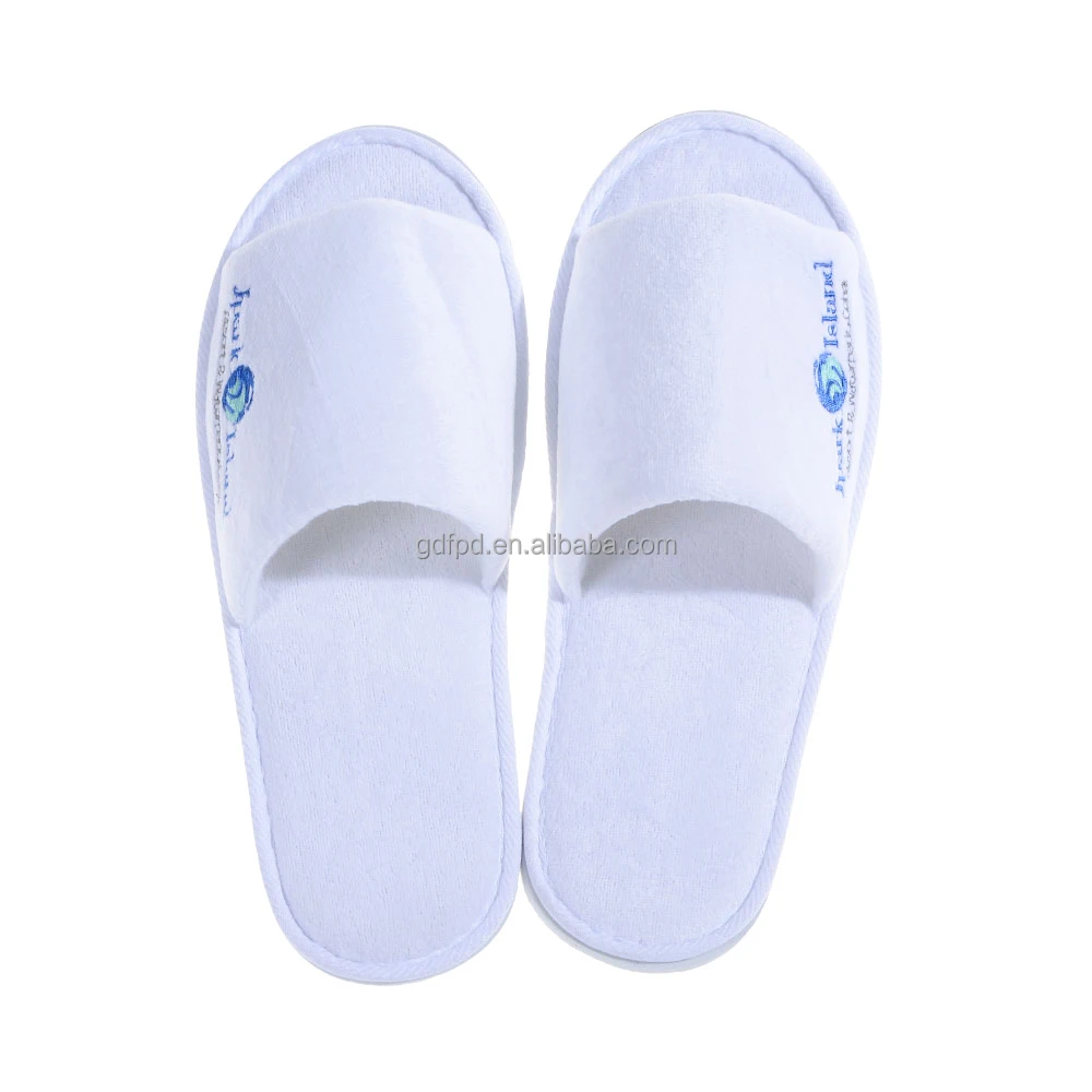 Indoor White Terry Open Toe Disposable Slippers 5mm Eva Sole with Label for Hotel Spa Airline