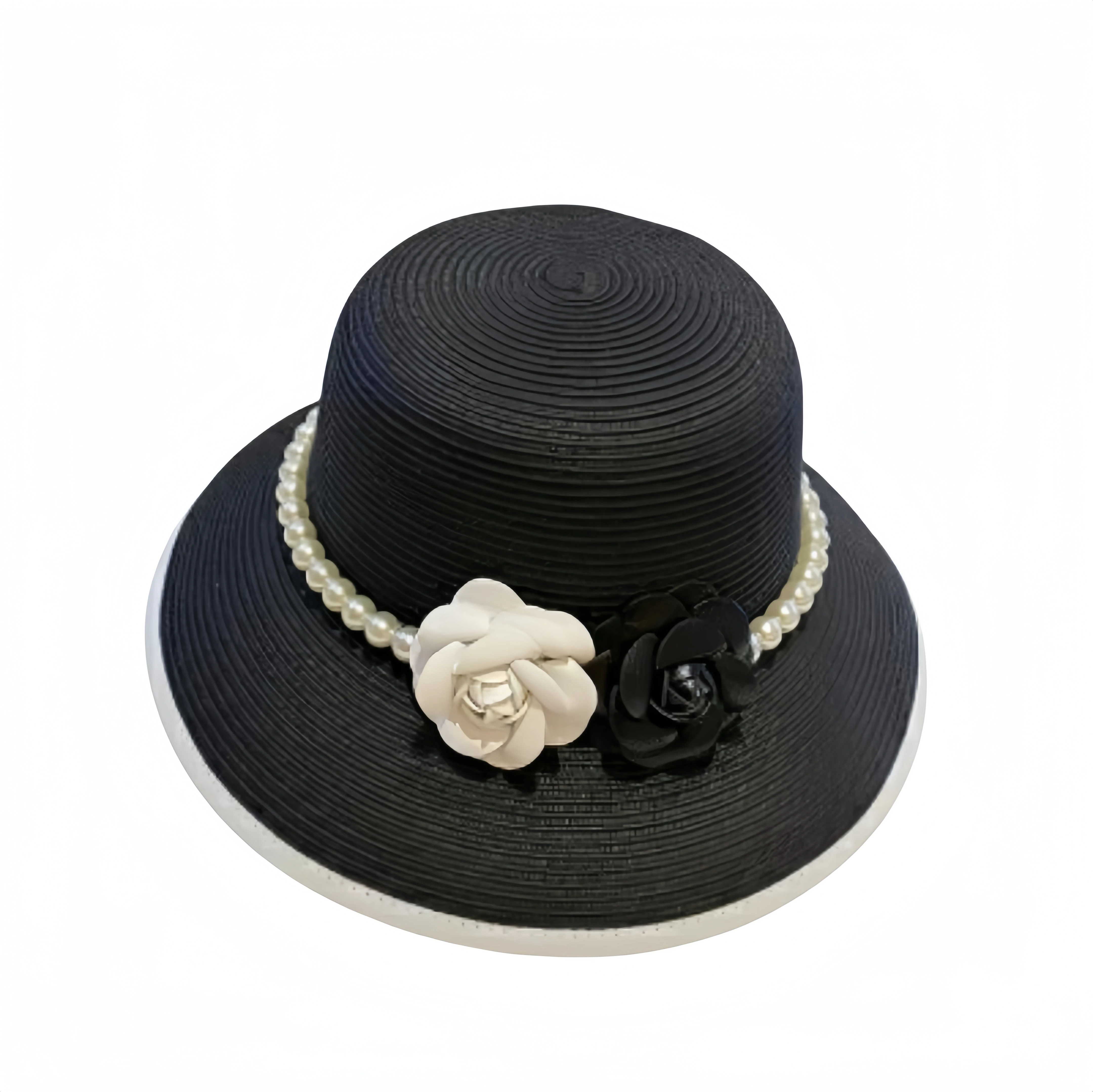 Wholesale Spring and Summer Fashion Women Dress Vintage Sun Hat Black and White Camellia Pearl Wide Rim Bowler Hat Church Hat