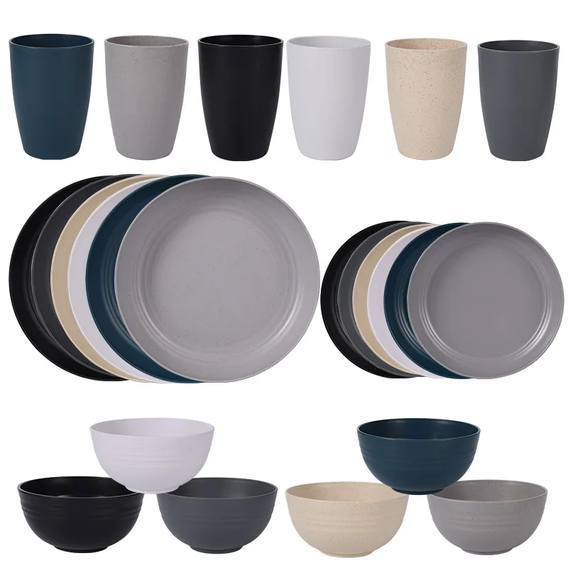 Dural Plastic Dishes 24-Pieces Multi Color Plastic Wheat Straw Dinnerware Set For Kitchen Supply