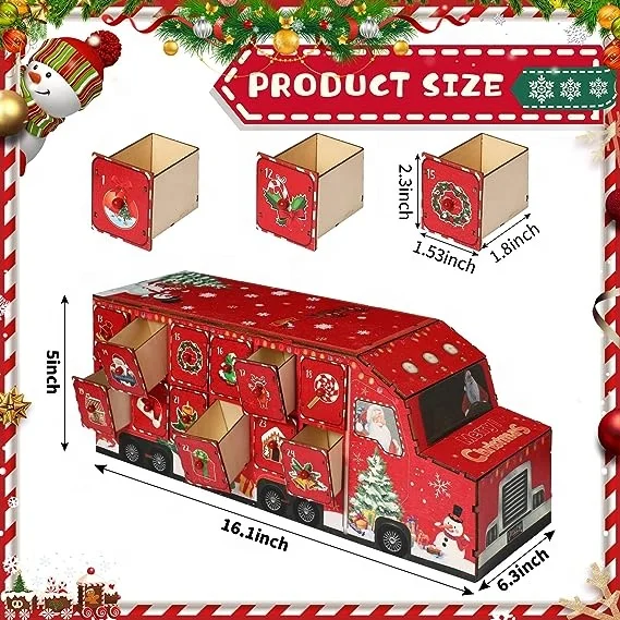 Red Truck Advent Calendar Countdown to Christmas with 24 Storage Drawers Refillable Wood Advent Christmas Wooden Advent Calendar