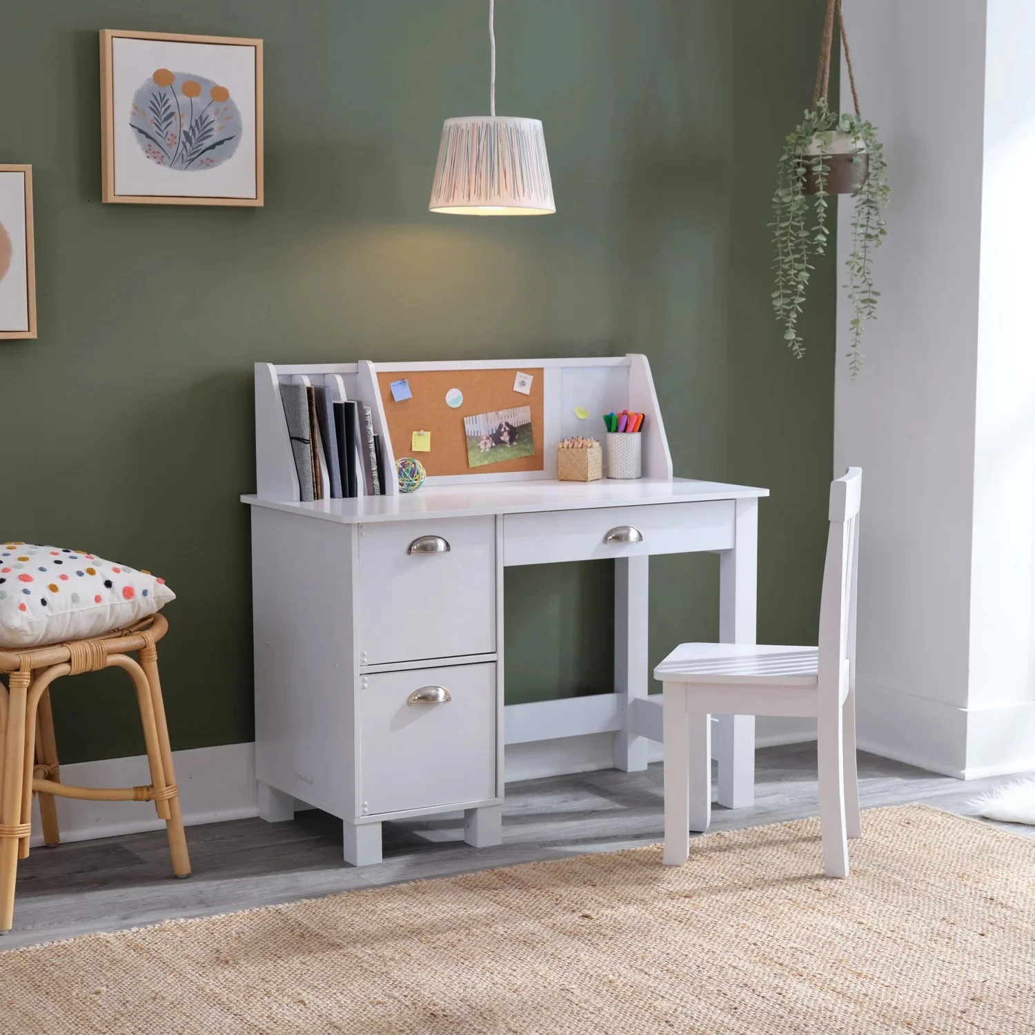 New white children wooden Learning writing study table desk and chair set Workstation for kids student study with hutch