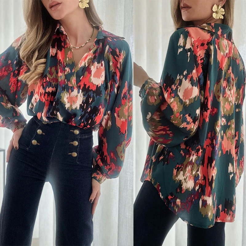 Wholesale Fashion Casual Print Shirts Blouses Women Long Sleeve Tops Shirts For Women