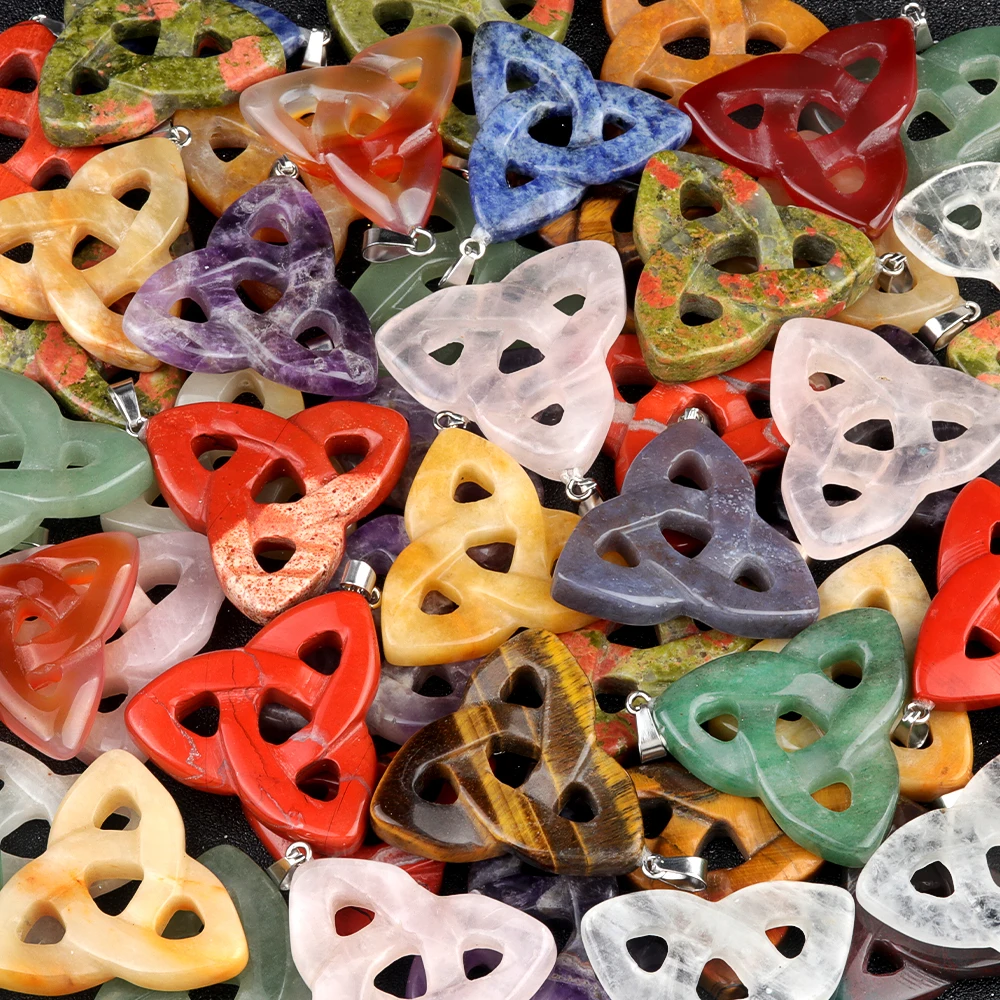 Red Jasper Crystal Irish Celtic Knot Pendant Triangle Shape  38MM Natural Carving Gemstone Stone Hollow Triangle Necklace