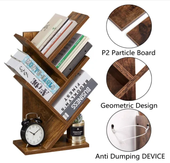 5-Tier Floor Standing Tree Bookcase in Living Room Home Office Tree Bookshelf
