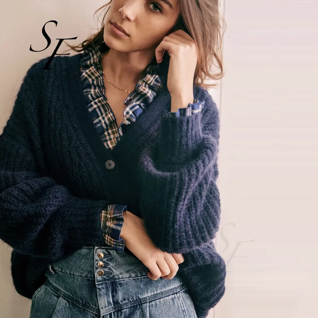 Custom winter mohair wool solid color puffed sleeve beaded rib knitwear sweater sexy V neck knit cardigan for women