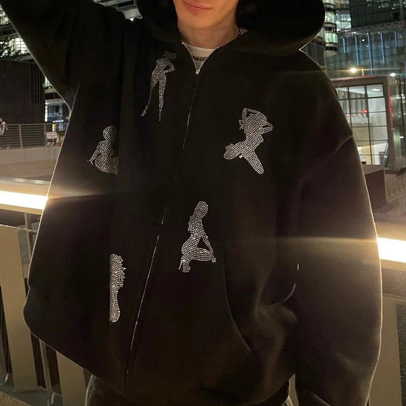 Gothic Y2K Rhinestone Graphic Jacket  Zip-up Hoodie Korean Streetwear Grunge Hip Hop Long Sleeve Top Sweatshirt Outerwear