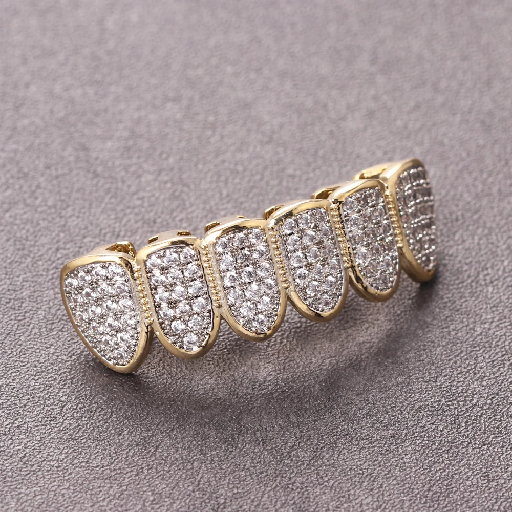 Iced Out Micro Pave CZ Teeth Grillz Top and Bottom Set 18k Gold Crystal Teeth Grills For Men Rapper Jewelry Wholesale