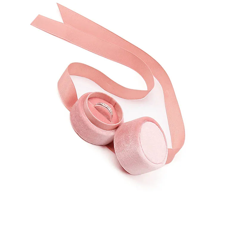 Customized Hot Sale Gift Jewelry Packaging Pink Velvet Round Bowknot packaging Velvet Jewelry Ring Box With Ribbon
