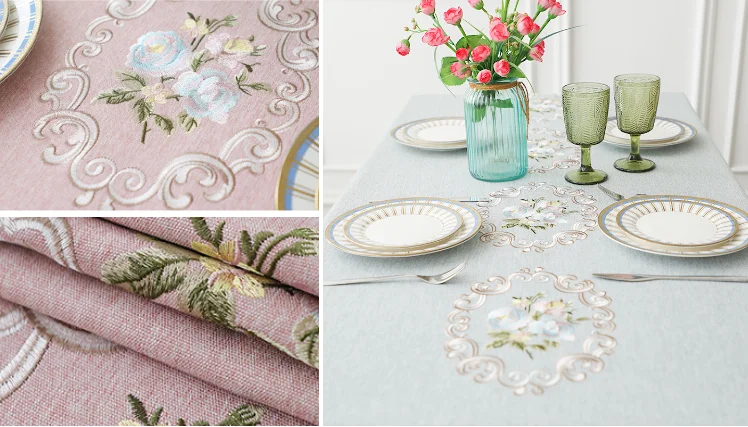 Wedding Table Cloth Embroider Rosette Flower Custom Linen Hand Cotton Red Flower Embroidered Linen Tablecloths Cloth