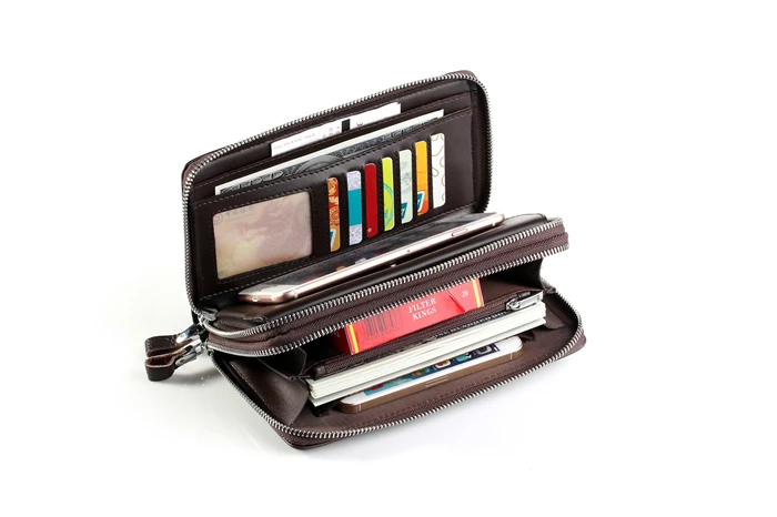 Fashion good quality brand double zipper large PU leather long wallet clutch bag men