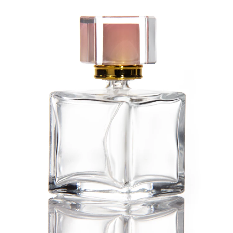 High Quality Empty Women Gift Mother Gift Portable Square Clear 30ml 50ml 100ml  Glass Bottle Perfume With Pink Spray Pink Lid