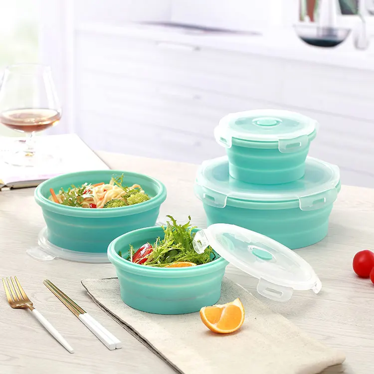 Foldable Microwave Reusable Collapsible Containers Folding Food Storage 4 Silicone Lunch Box