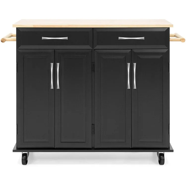Sunrise Best Seller Kitchen Furniture Rubber Wood Top Wooden Kitchen Storage Island Cart Trolley With 2 Drawers 4 Door Cabinets