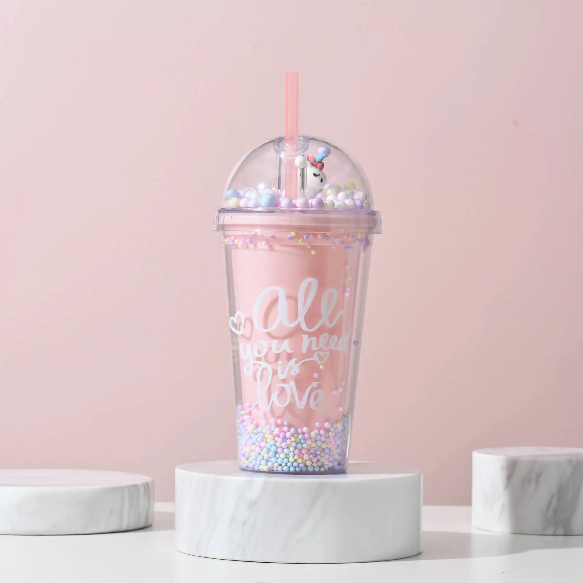 Kawaii Girls 550ml Unicorn Double Wall Juice Drinking Cup Leakproof Bpa Free Travel Reusable Plastic Tumbler Cup With Straw