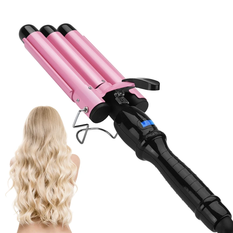 3 Barrel curling iron 25mm hair waver egg roll head large pink crimple with LCD display curling iron