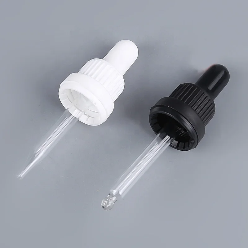 tamper evident plastic dropper cap 18 mm matte black dropper with glass pipette for essential oil bottles
