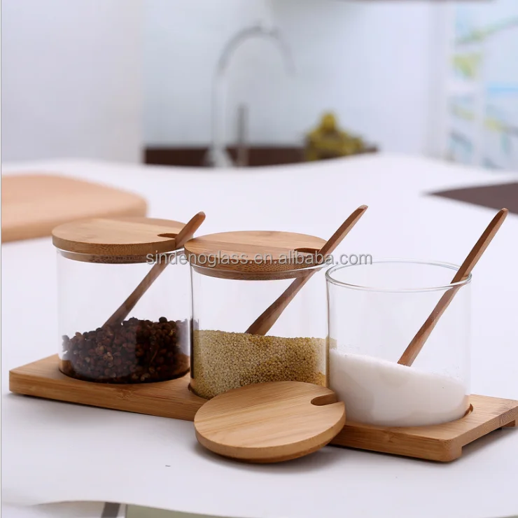 Condiment Container Seasoning Box Pot 3pcs Spice Kitchen Glass Jar Set with Bamboo Spoon Lid and Base