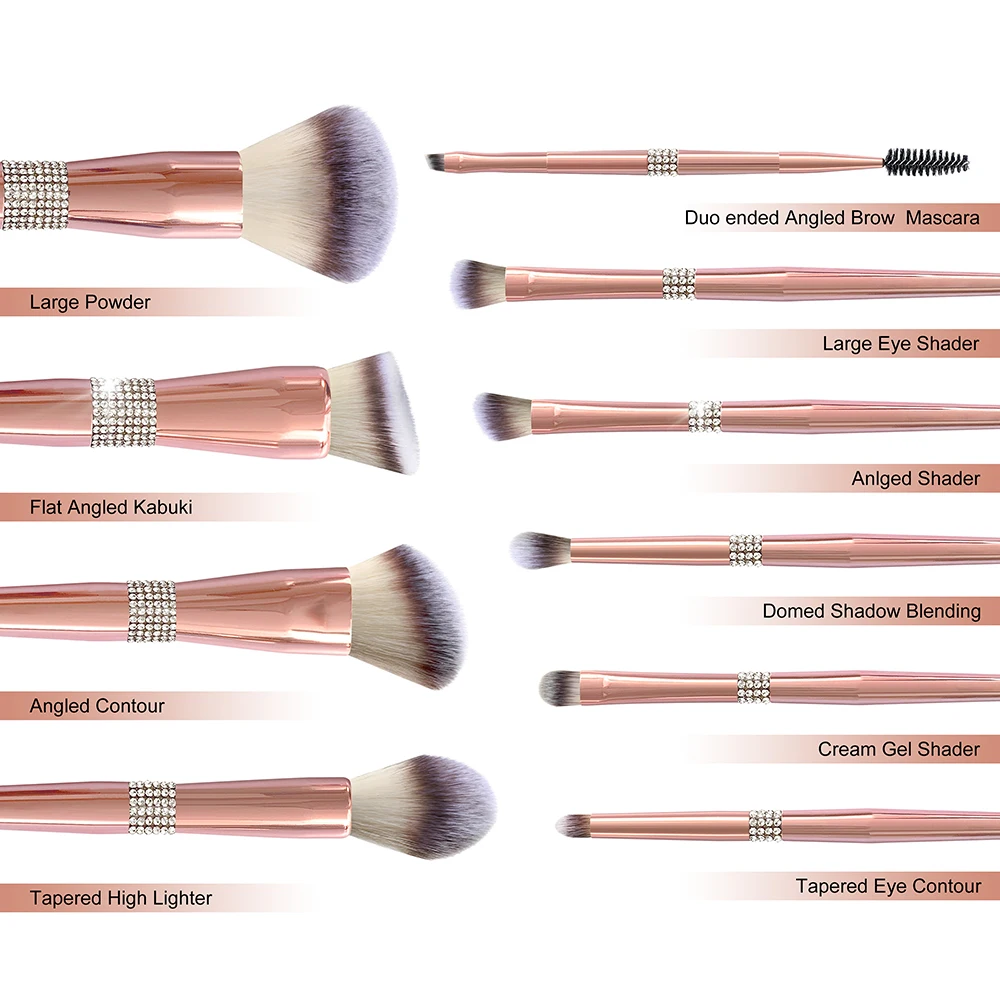 
BUEART 10pcs glitter diamond handle makeup brushes Rose golden Glitter Handle makeup brush with PU bag brochas de maquillaje 