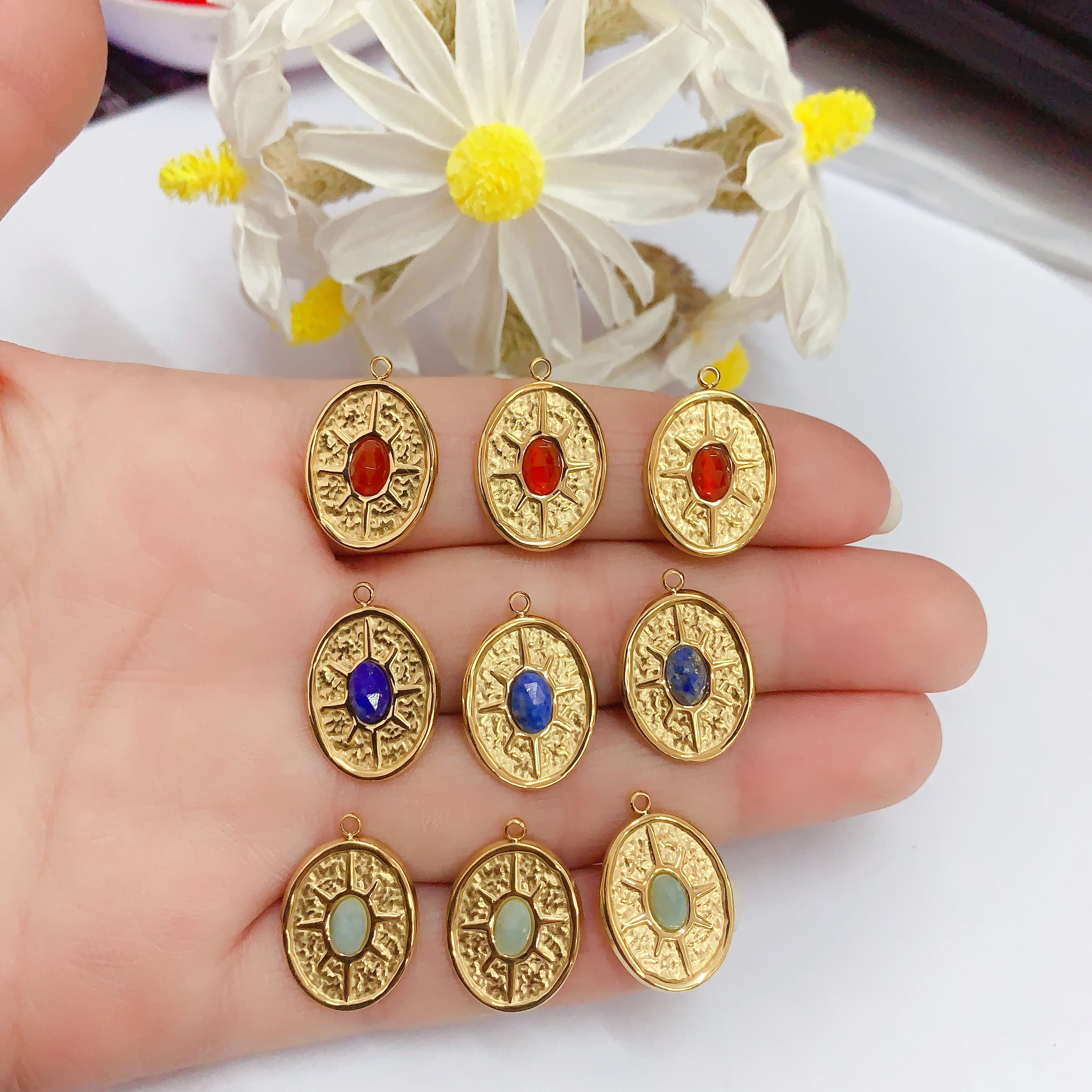 ethnic style gold brass round oval shape jade stone pendants heart shape gemstone charms for necklace