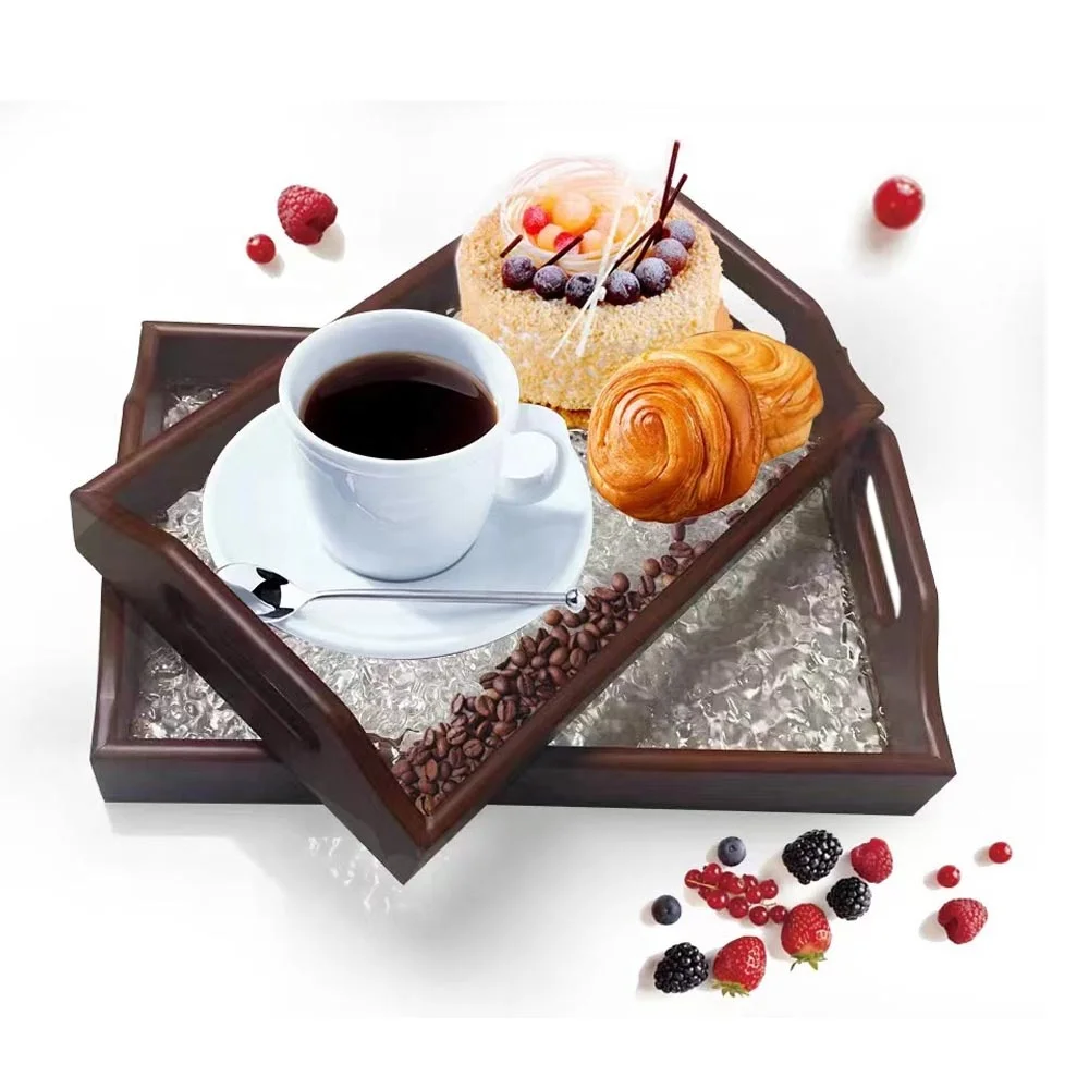 Customizable bulk cheap set of 2 bamboo wood acrylic coffee food tea tray serving with handles