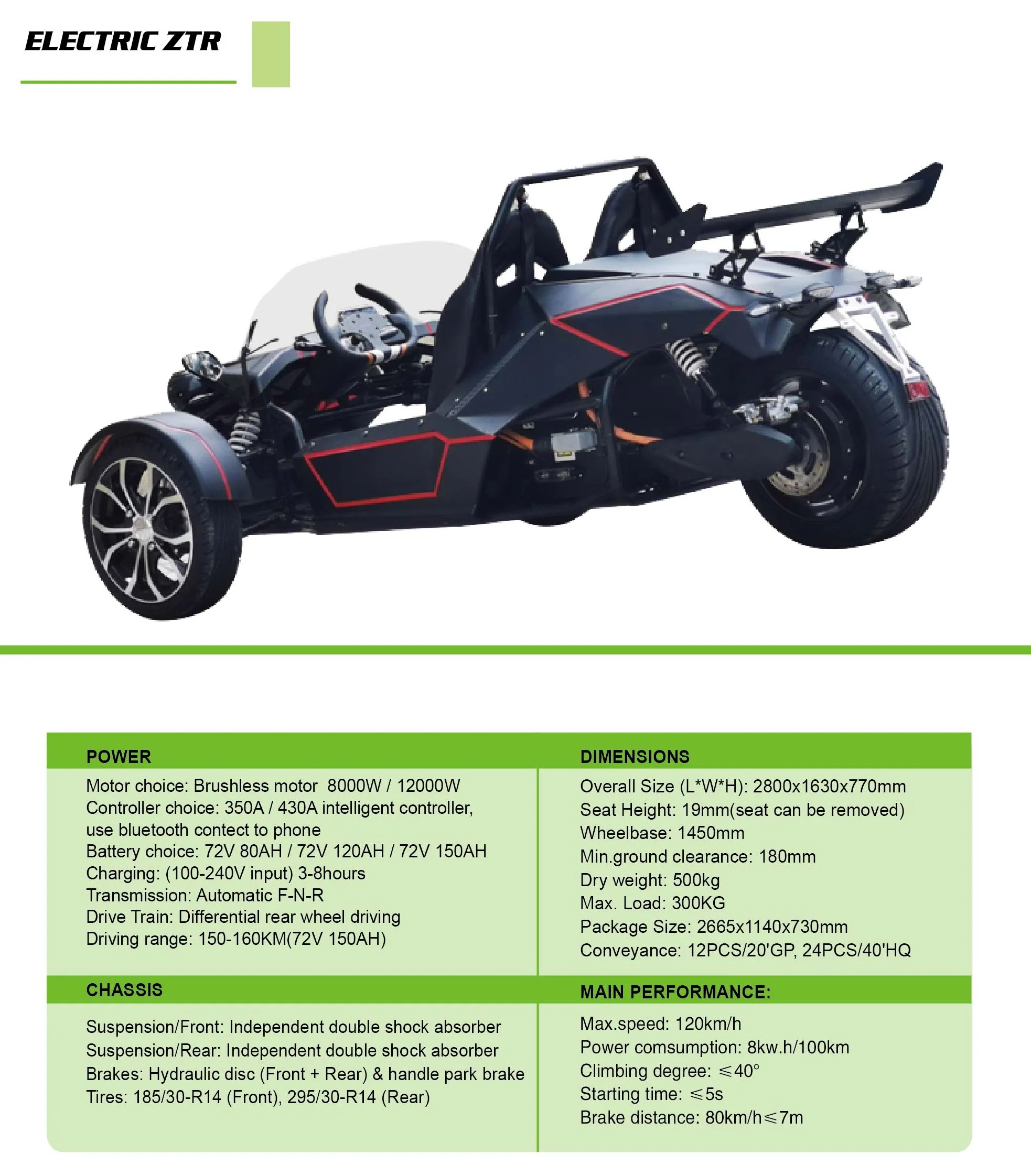 Direct Factory Sale 72V 80AH 120AH 150AH 3-Wheel ZTR Electric Trike RC Drift New Cars China UTV with 2 Seats