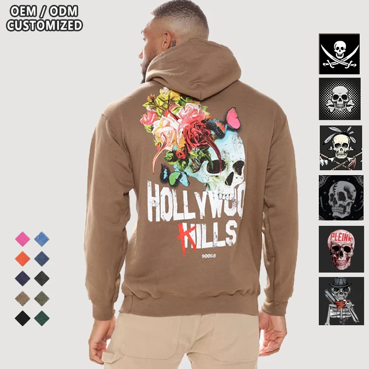 custom high quality distressed heavyweight 100% cotton pullover hoodies skull printing oversized skeleton hoodies