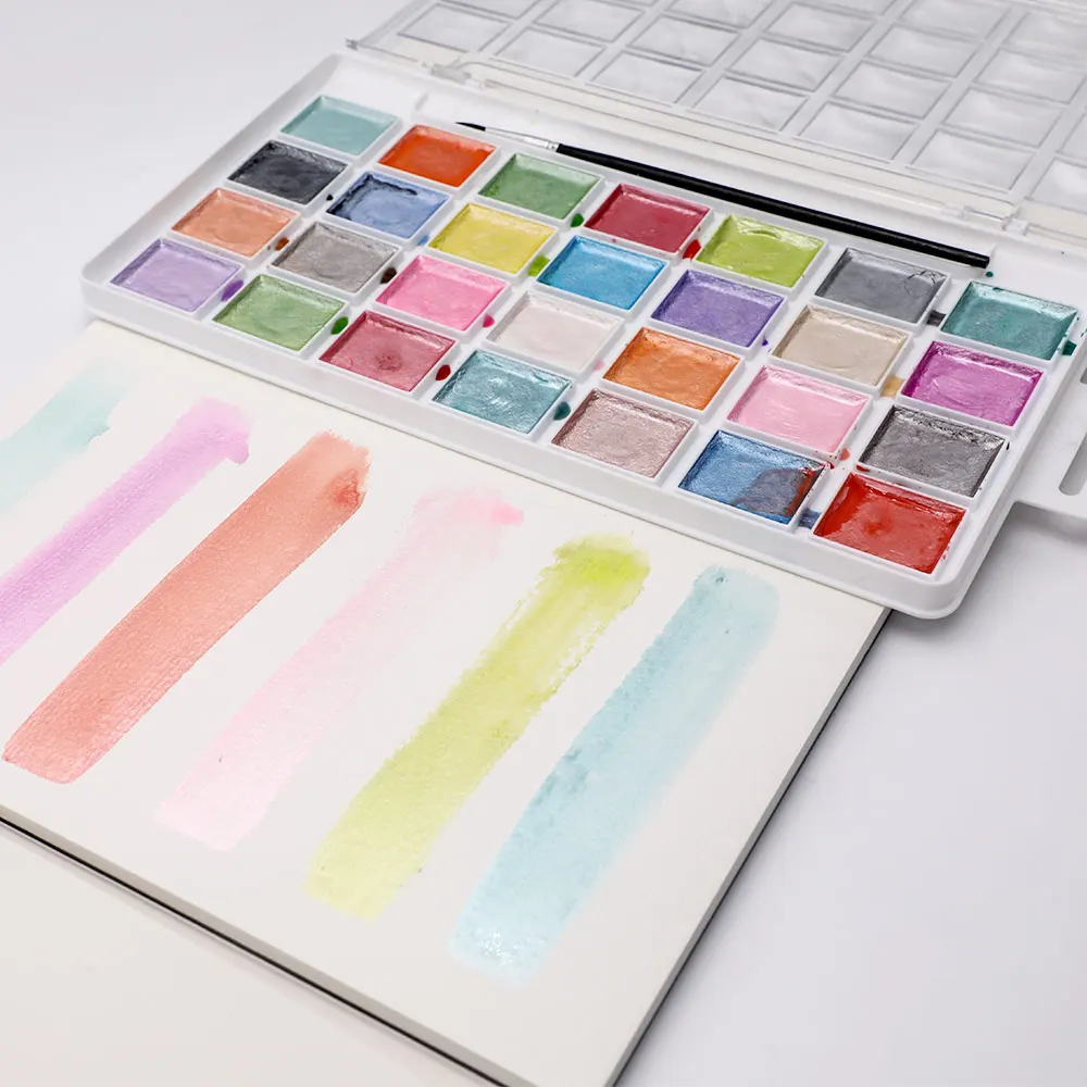 Artecho watercolour  Semi-Moist Paint Set, 28 Metallic Colors Watercolor Cake Set with Classic Paint Brush, Idea for Kids