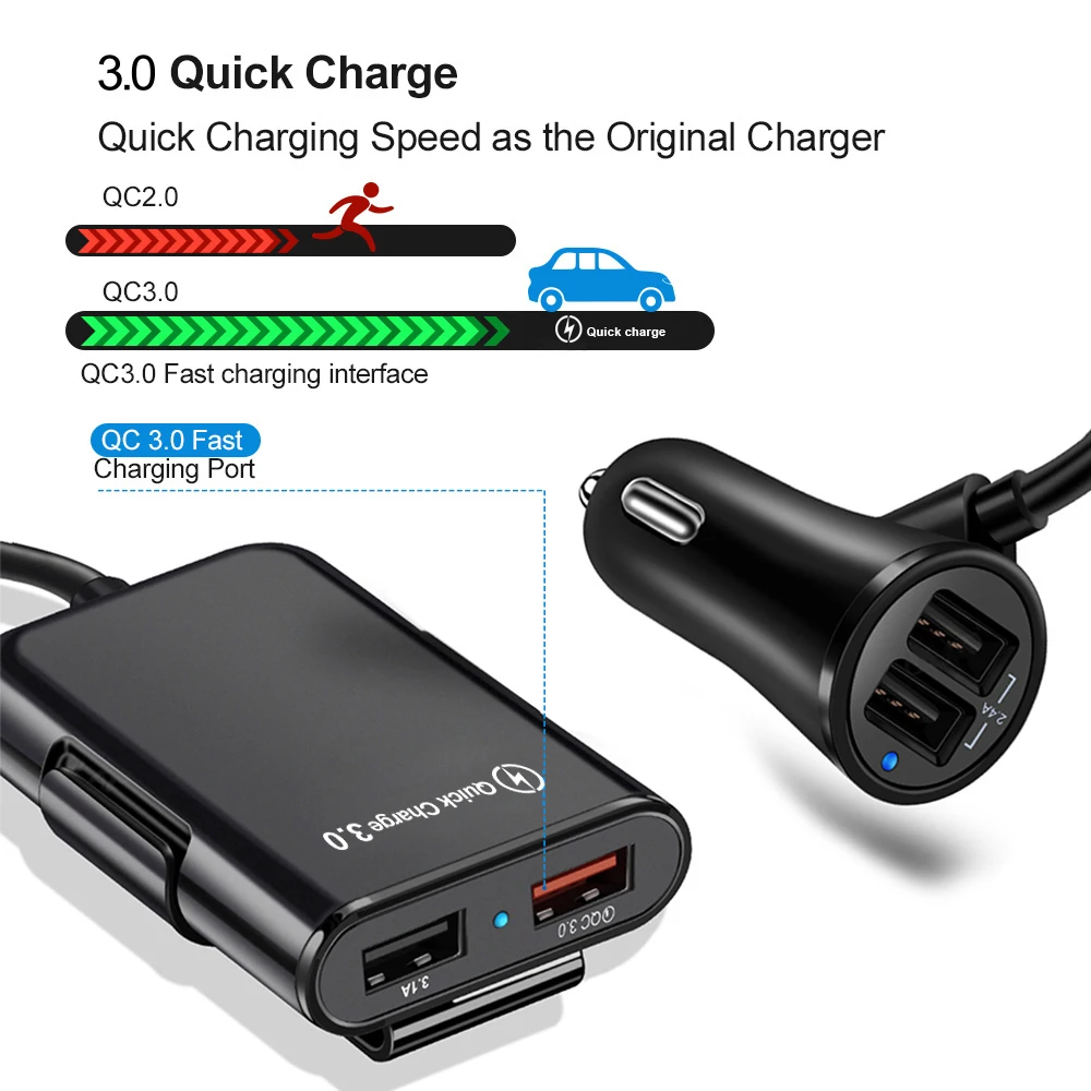 4 Port USB Car Charger Quick Charge QC3.0 5.6ft Extension Cable For iPhone 12 Xiaomi Mobile Phone Driving Recorder Fast Charging