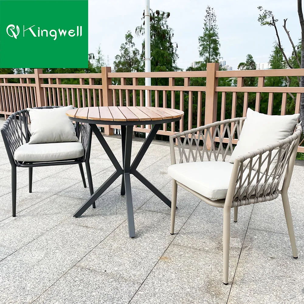Popular Teak Wooden Round Dining Table With Aluminum Rope Chair For Garden