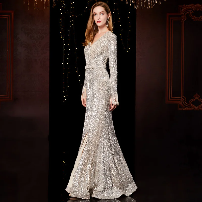 High end ladies sparkling long sleeve long sequined mermaid party dressing evening gowns dropshipping fullfill