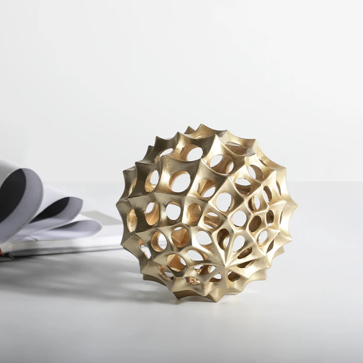 Home desktop decorative ornament accessories coffee table golden iron metal craft hollow ball sphere sculpture